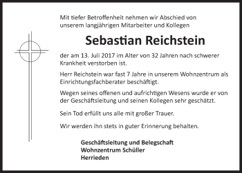 Traueranzeige von Sebastian Reichstein von Ansbach