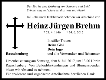 Traueranzeige von Heinz Jürgen Brehm von Neustadt/ Scheinfeld/ Uffenheim