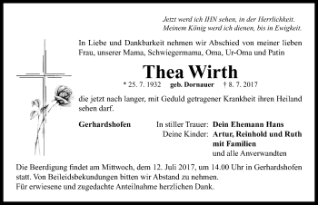 Traueranzeige von Thea Wirth von Neustadt/ Scheinfeld/ Uffenheim