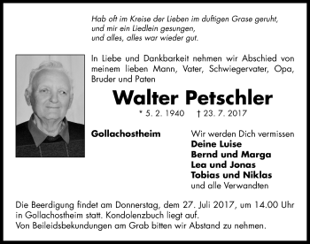 Traueranzeige von Walter Petschler von Neustadt/ Scheinfeld/ Uffenheim