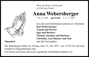 Traueranzeige von Anna Webersberger von Neustadt/ Scheinfeld/ Uffenheim