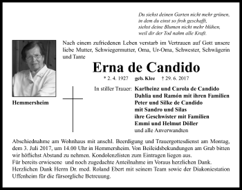 Traueranzeige von Erna de Candido von Neustadt/ Scheinfeld/ Uffenheim