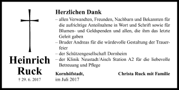 Traueranzeige von Heinrich Ruck von Neustadt/ Scheinfeld/ Uffenheim