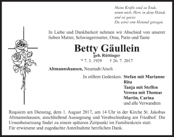 Traueranzeige von Betty Gäullein von Neustadt/ Scheinfeld/ Uffenheim