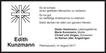 Traueranzeige von Edith Kunzmann von Ansbach