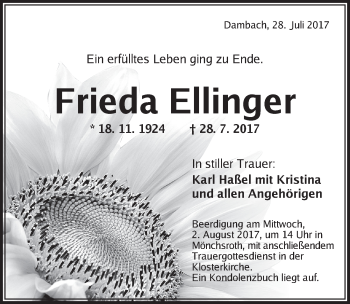 Traueranzeige von Frieda Ellinger von Dinkelsbühl/ Feuchtwangen