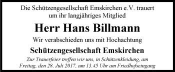 Traueranzeige von Hans Billmann von Neustadt/ Scheinfeld/ Uffenheim