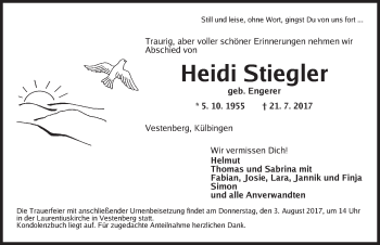 Traueranzeige von Heidi Stiegler von Ansbach