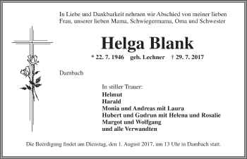 Traueranzeige von Helga Blank von Dinkelsbühl/ Feuchtwangen