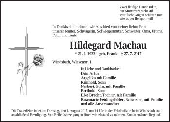 Traueranzeige von Hildegard Machau von Ansbach