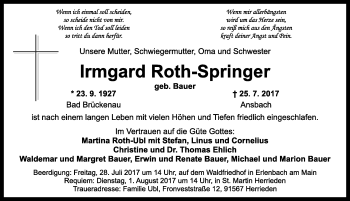 Traueranzeige von Irmgard Roth-Springer von Dinkelsbühl/ Feuchtwangen