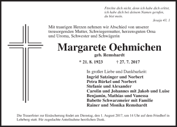 Traueranzeige von Margarete Oehmichen von Ansbach