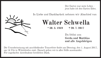 Traueranzeige von Walter Schwella von Dinkelsbühl/ Feuchtwangen