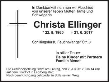 Traueranzeige von Christa Ellinger von Ansbach