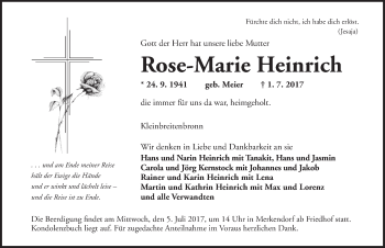 Traueranzeige von Rose-Marie Heinrich von Ansbach