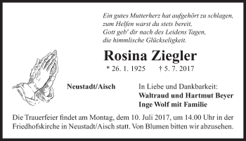 Traueranzeige von Rosina Ziegler von Neustadt/ Scheinfeld/ Uffenheim