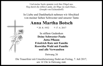 Traueranzeige von Anna Martha Botsch von Rothenburg