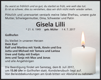 Traueranzeige von Gisela Lilli von Neustadt/ Scheinfeld/ Uffenheim