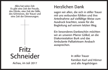 Traueranzeige von Fritz Schneider von Dinkelsbühl/ Feuchtwangen