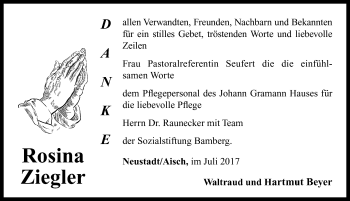 Traueranzeige von Rosina Ziegler von Neustadt/ Scheinfeld/ Uffenheim