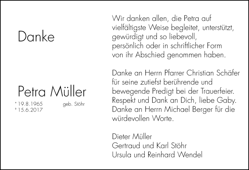  Traueranzeige für Petra Müller vom 05.07.2017 aus Neustadt/ Scheinfeld/ Uffenheim
