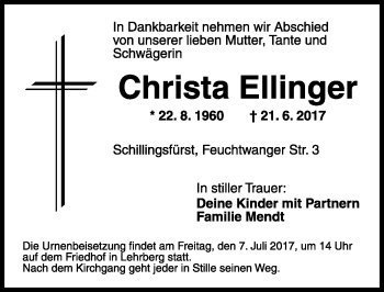 Traueranzeige von Christa Ellinger von Rothenburg