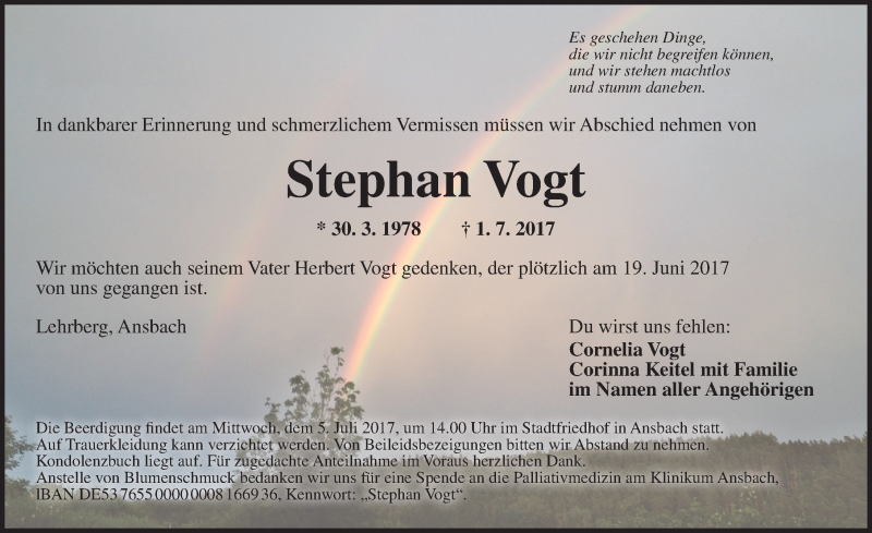  Traueranzeige für Stephan Vogt vom 04.07.2017 aus Ansbach