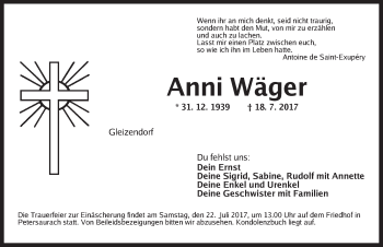 Traueranzeige von Anni Wäger von Ansbach