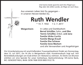 Traueranzeige von Ruth Wendler von Neustadt/ Scheinfeld/ Uffenheim