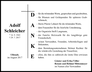 Traueranzeige von Adolf Schleicher von Neustadt/ Scheinfeld/ Uffenheim