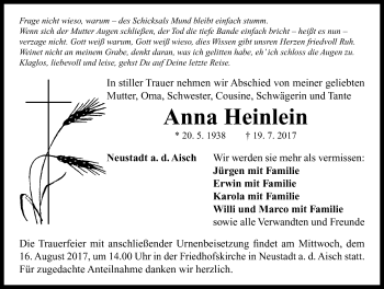 Traueranzeige von Anna Heinlein von Neustadt/ Scheinfeld/ Uffenheim