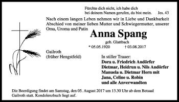 Traueranzeige von Anna Spang von Rothenburg