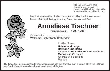 Traueranzeige von Anneliese Tischner von Ansbach