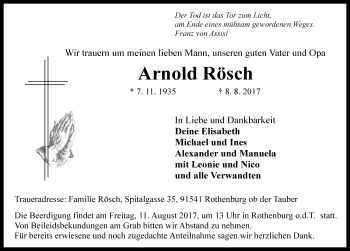 Traueranzeige von Arnold Rösch von Rothenburg