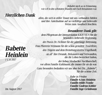 Traueranzeige von Babette Heinlein von Neustadt/ Scheinfeld/ Uffenheim