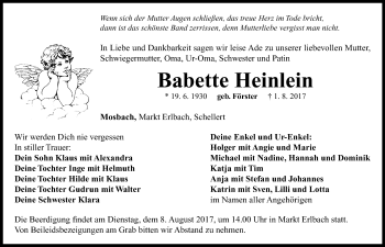 Traueranzeige von Babette Heinlein von Neustadt/ Scheinfeld/ Uffenheim