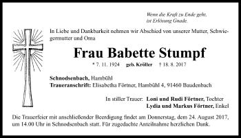 Traueranzeige von Babette Stumpf von Neustadt/ Scheinfeld/ Uffenheim