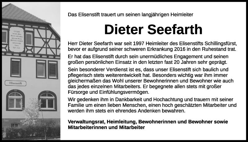  Traueranzeige für Dieter Seefarth vom 25.08.2017 aus Rothenburg