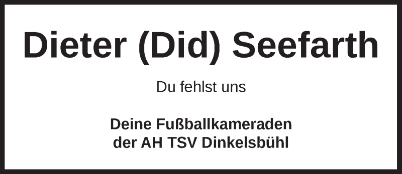  Traueranzeige für Dieter Seefarth vom 25.08.2017 aus Dinkelsbühl/ Feuchtwangen