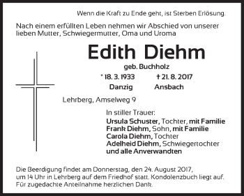 Traueranzeige von Edith Diehm von Ansbach