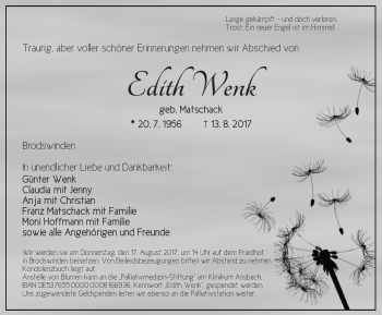 Traueranzeige von Edith Wenk von Ansbach