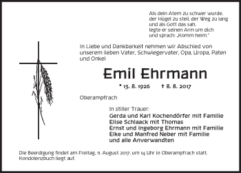 Traueranzeige von Emil Ehrmann von Dinkelsbühl/ Feuchtwangen