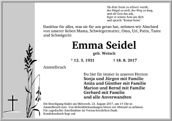 Traueranzeige von Emma Seidel von Dinkelsbühl/ Feuchtwangen