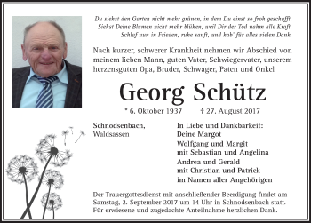 Traueranzeige von Georg Schütz von Neustadt/ Scheinfeld/ Uffenheim