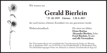 Traueranzeige von Gerald Bierlein von Ansbach