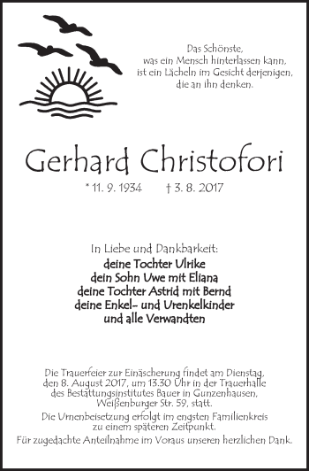 Traueranzeige von Gerhard Christofori von Ansbach