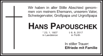 Traueranzeige von Hans Papouschek von Neustadt/ Scheinfeld/ Uffenheim