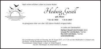 Traueranzeige von Hedwig Gesell von Ansbach