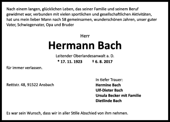 Traueranzeige von Hermann Bach von Ansbach