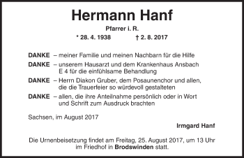 Traueranzeige von Hermann Hanf von Ansbach